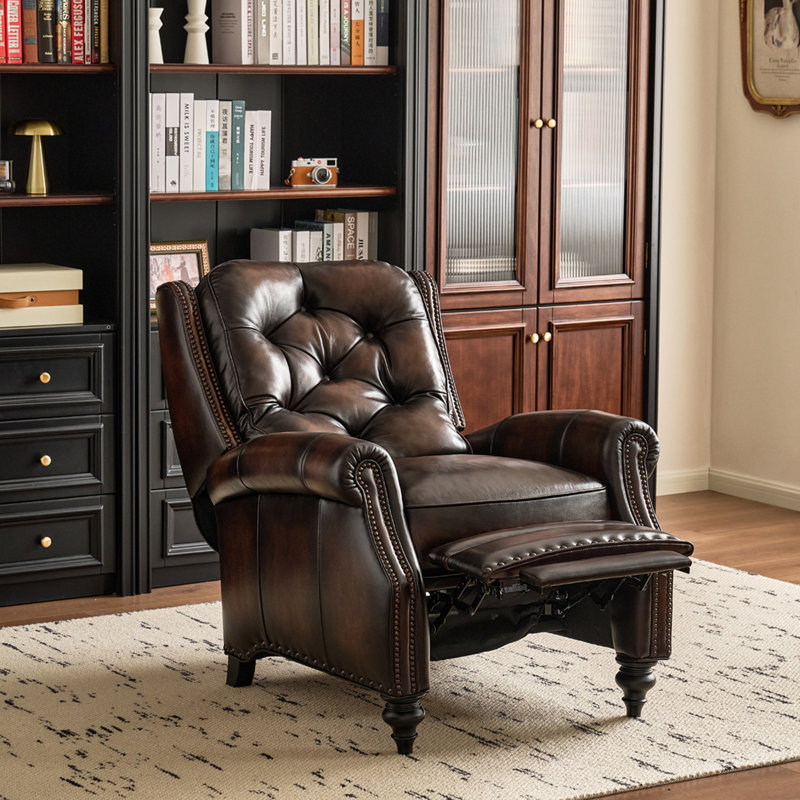 33.07" American Vintage Luxury Style, Dark Brown, Genuine Leather, Multi-Function Single Recliner Chair for Lying & Sleeping