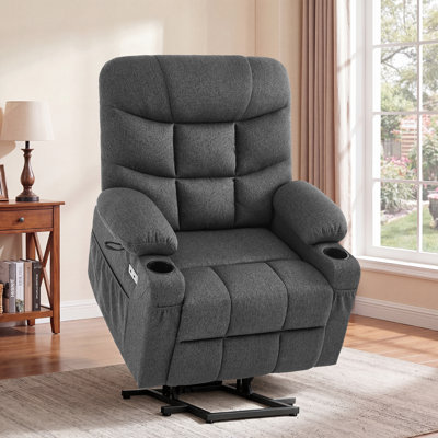 Dual Motor Power Lift Chair Recliner for Elderly with Massage and Heat, Infinite Position Electric Lift Recliner with USB A&C, Cup Holders (T6012 - Linen Fabric, Gray, Oversized )