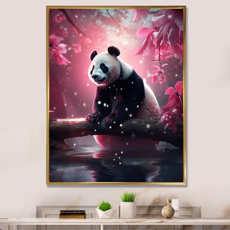Adorable panda sur une branche avec des fleurs roses I sur toile, H 20 po x l 12 po x P 1 po, Cadre flottant doré