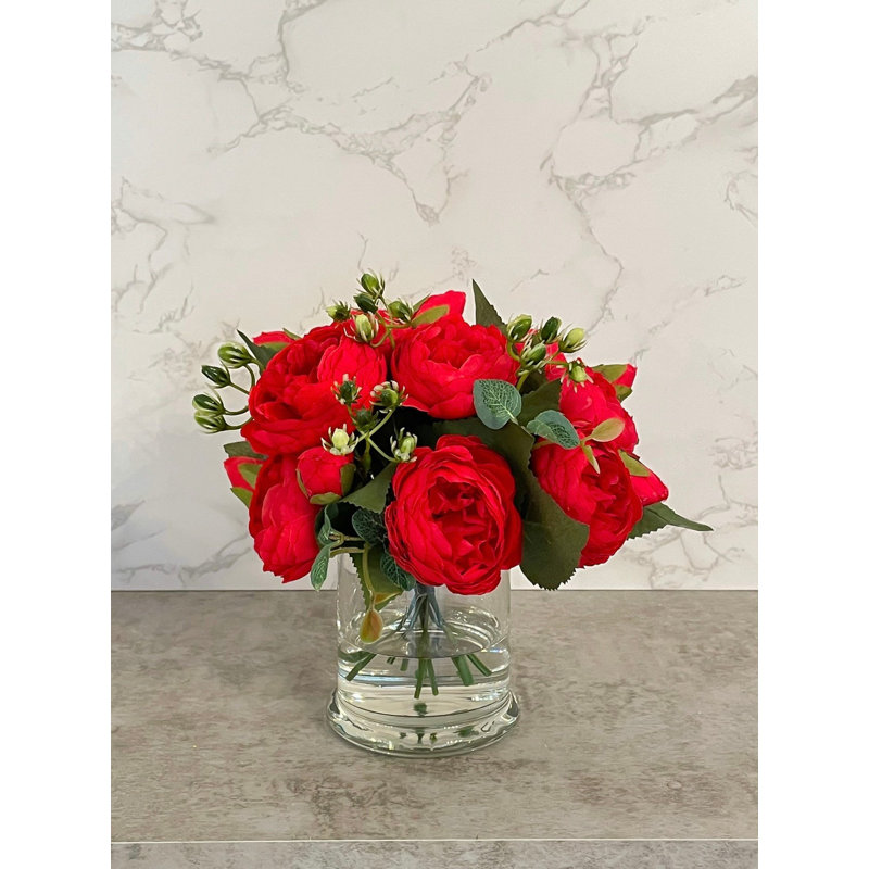 Red Rose Peony Silk Arrangement In Glass Vase