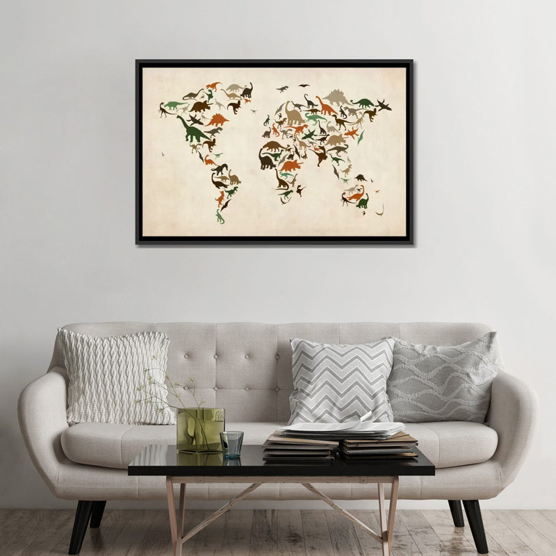 «Dinosaurus Map of the World III», impression sur toile, H 32 po x l 48 po x P 1,5 po, Toile avec cadre noir, Pas de tapis