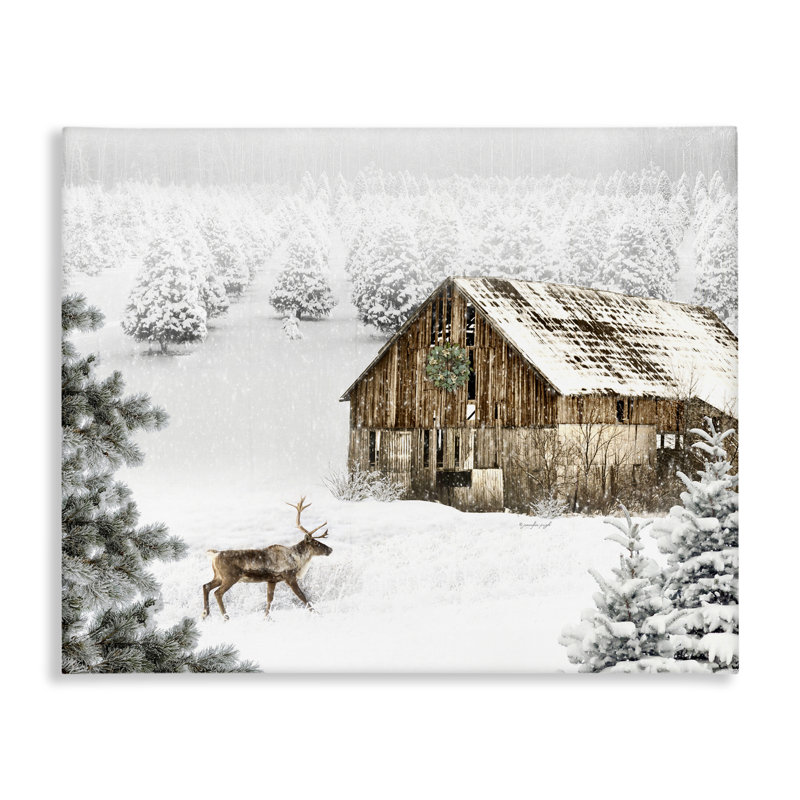 «Winter Whites Cabin with Deer», art mural par Jennifer Pugh, H 16 po x l 20 po