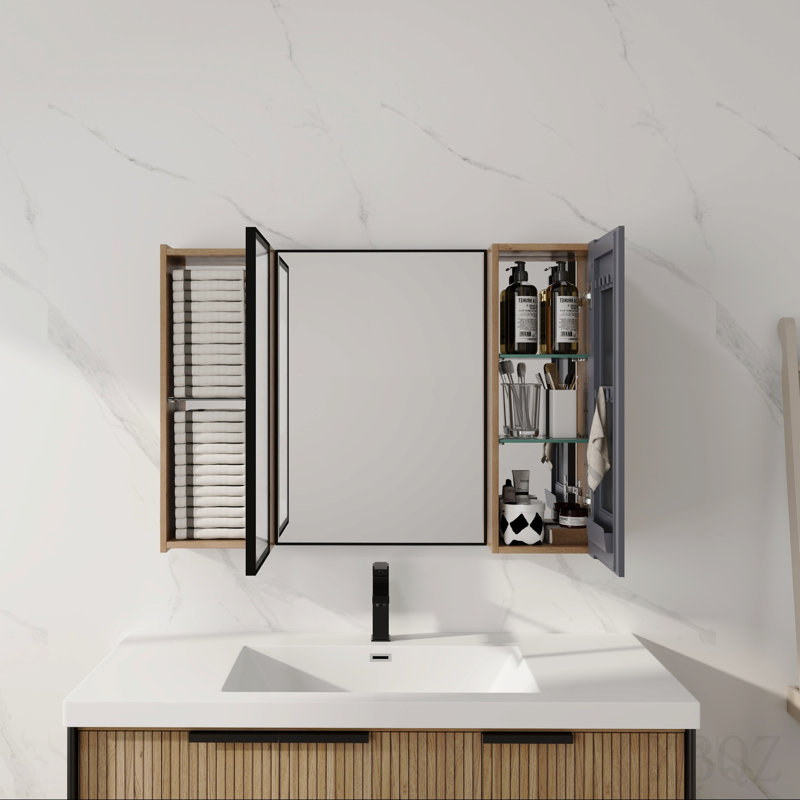Armoire de salle de bain avec miroir 39,4 po avec combinaison de rangement, armoire à pharmacie murale avec porte à fermeture en douceur, tablettes réglables en verre, contreplaqué