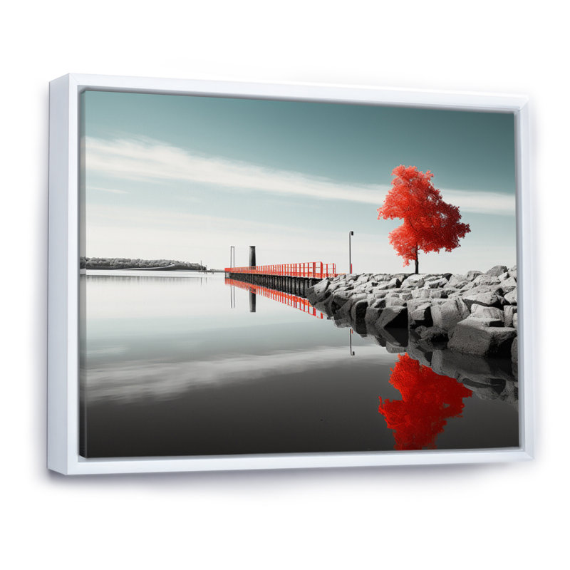 Jetée rouge et grise I - impression, H 24 po x l 32 po x P 1 po, Cadre flottant blanc