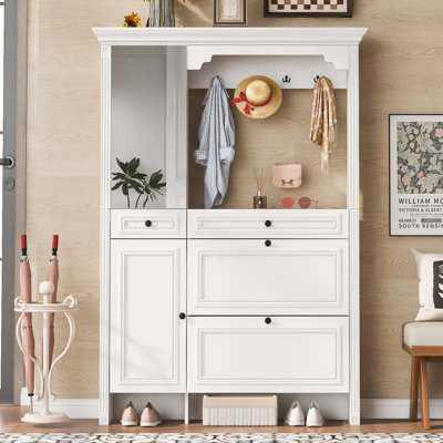 54.7" Hall Tree With Mirrored Cabinet Door Integrated Shoe Storage Entryway Bench Coat Hanger 2 Flip Drawers 4 Hooks And 2 Cabinets For Living Room Or by Wildon Home