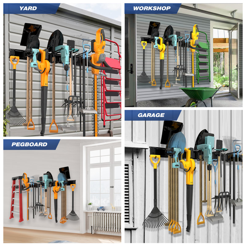 Support de garage mural robuste, 8 crochets et 3 rails, pour pelles, râteaux, balais, équipement de ski