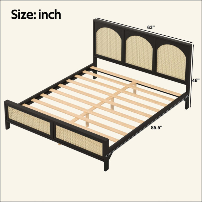 Lit plateforme en bois avec tête et pied de lit en rotin, Grand lit, Noir