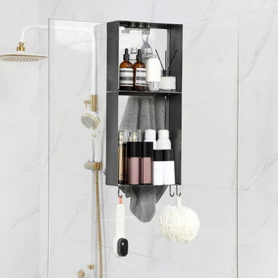 Serviteur de douche au-dessus du verre, organisateur de salle de bain suspendu en acier inoxydable à 2 niveaux avec crochets, support de rangement sans perceuse pour shampooing, revitalisant et serviettes