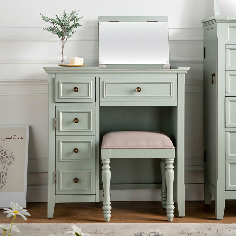 31.50"Green Solid Wood Rubber Wood Compact Vanity Table with Flip-top Makeup Area