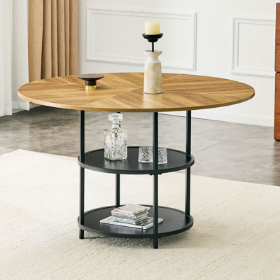 Table de salle à manger circulaire de 47,3 po de diamètre avec épissure moderne - rangement à double couche, conception en bois et en diagonale noire en forme d'éventail, interprétant l'esthétique et la fonctionnalité de la maison.