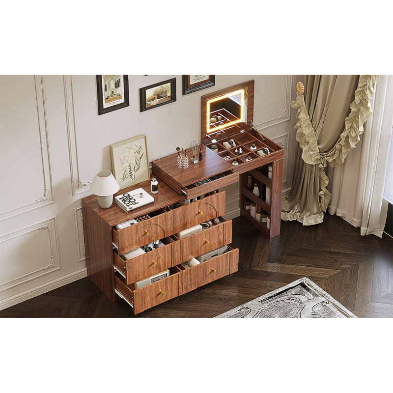 Vanity Desk With Mirror, Lights, And Abundant Storage, Convertible Design For Versatile Use In Modern Bedrooms, Walnut
