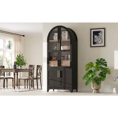71" Tall Arched Cabinet For Kitchen And Dining, Featuring 4 Doors, 2 Adjustable Shelves, Hidden Drawer Metal Round Pull Rings, Black Finish Pantry With Soft - Close Hinge, Two Tone Design