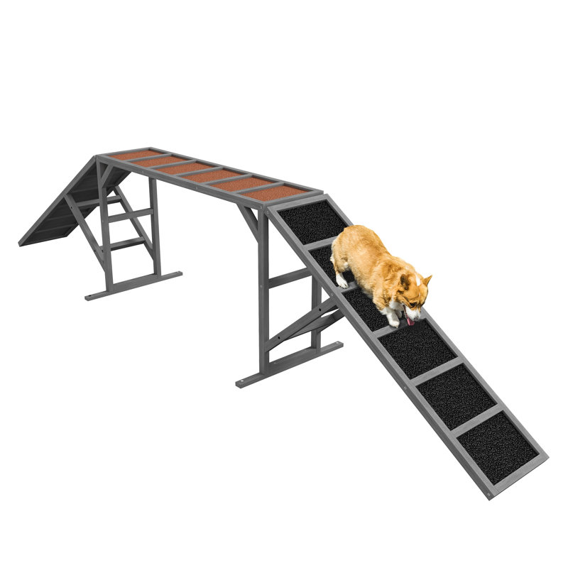 PawHut Wooden Dog Agility Ramp with Safety Bar, Non-Slip Surface, Pet Obstacle Course for Backyard Training, Gray