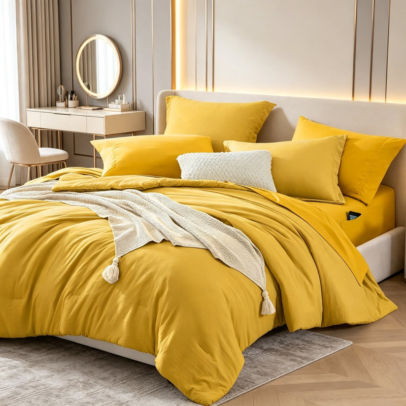 Ensemble de couette prélavée Queen, 7 pièces, Mustard Yellow