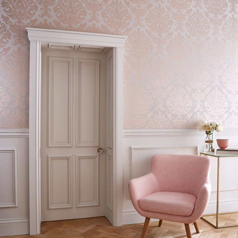 Damask Metallic Wallpaper Roll, Tuape/Rose Gold