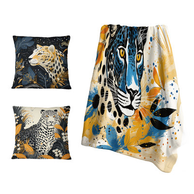Ensemble de couverture et coussin jaune et bleu léopard Collage IV - léopard / guépard