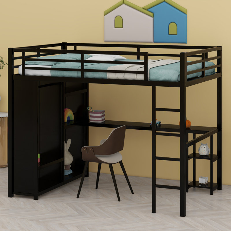 Metal Loft Bed Frame With Built-In Wardrobe, Desk And Storage Shelves, Black, Full