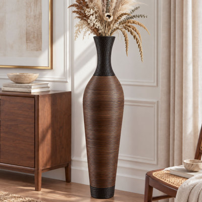  Aaban 51" Tall Floor Vase, Handwoven PVC Rattan, Two-Tone Brown & Black, Large Decorative Vase