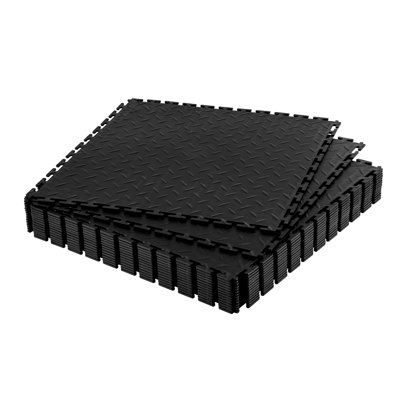 Garage Floor Tiles Interlocking, 20.2 x 20.2 x 0.2 in Interlocking Modular Garage Flooring Tiles, Diamond Plate Slip-Resistant PVC Mats for Workshop,Warehouse,Tool Room, Black