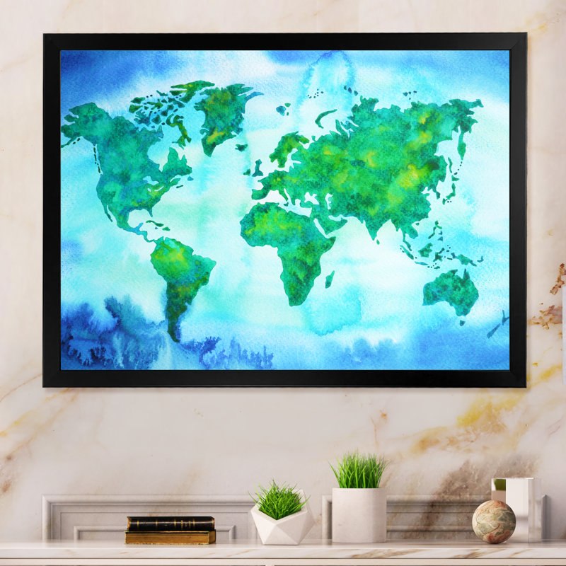 «World Map Blue Green Tone», reproduction sur toile, Cadre d'angle fermé noir, H 8 po x l 12 po x P 1 po