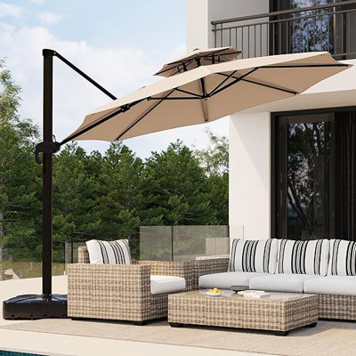 Parasol de patio en porte-à-faux rond 10 x 10 pi avec base - rotation à 360 ° et réglage de la hauteur, parasol d'extérieur en aluminium robuste pour le jardin et la piscine
