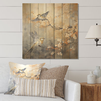 Sérénité florale dorée et grise - impression d'oiseau sur bois