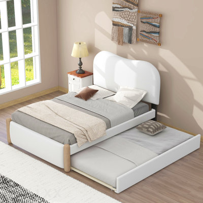 Lit plateforme simple tapissier avec pieds de support en bois et lit gigogne simple, blanc