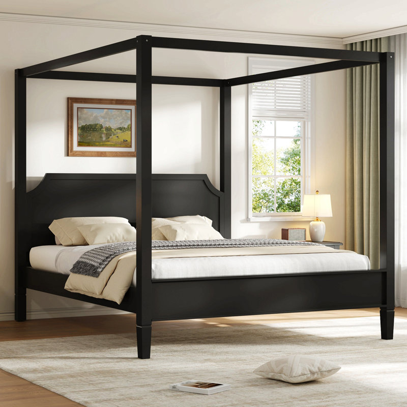 Grand lit plateforme à baldaquin en bois avec tête de lit et pieds de support, Noir