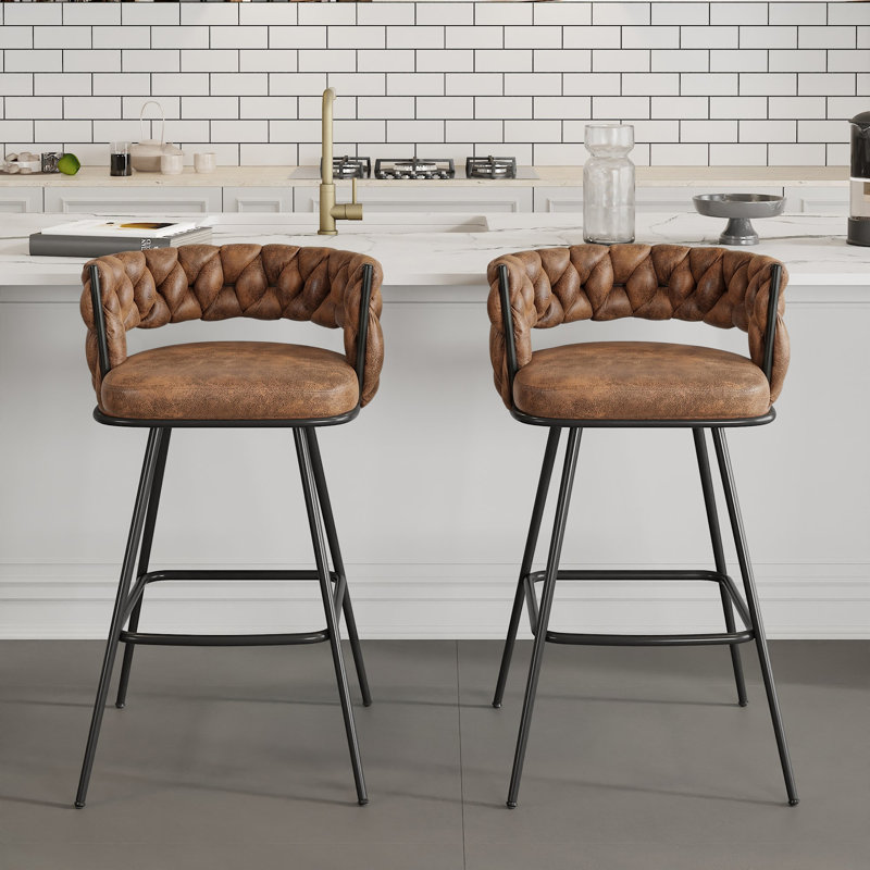 Ensemble de 2 tabourets de bar George avec tabourets de bar rembourrés en tissu texturé et en suède à hauteur de comptoir et 4 pieds en métal pour îlot de cuisine