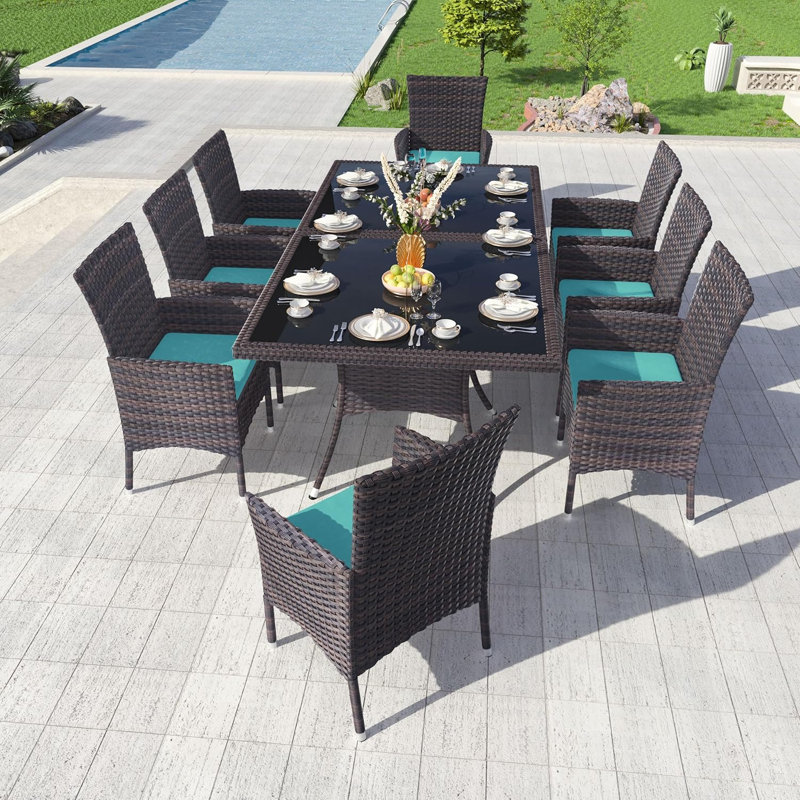 Hemraj 10-Piece Outdoor Dining Set Rattan Chairs With Cushions And Matching Glass-Top Tables, Green