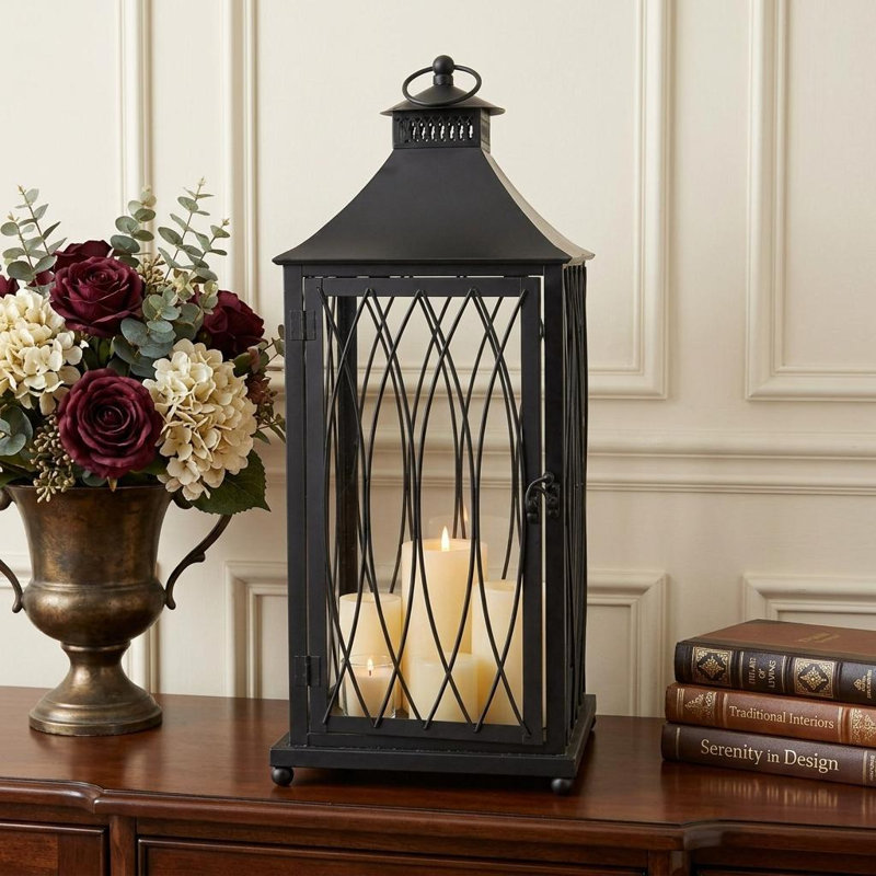 Ensemble de trois bougeoirs de lanterne de sol en métal et verre géométrique noir