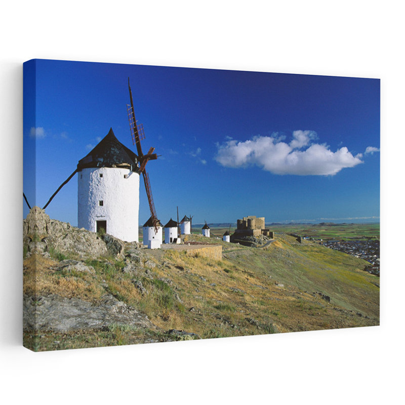 Old Historic Windmills On Hill, Consuegra, Castilla La Mancha, Spain Traditional Contemporary Architecture Urban Wall Art