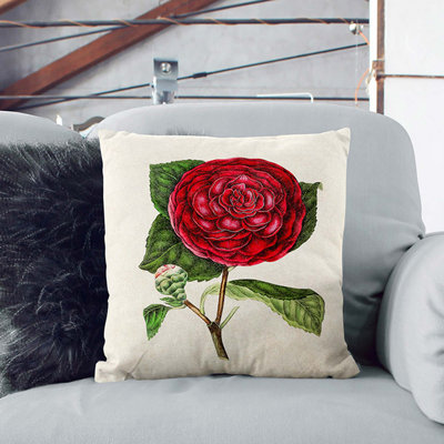 Illustration of a Red Japanese Camellia Cushion with Filling
