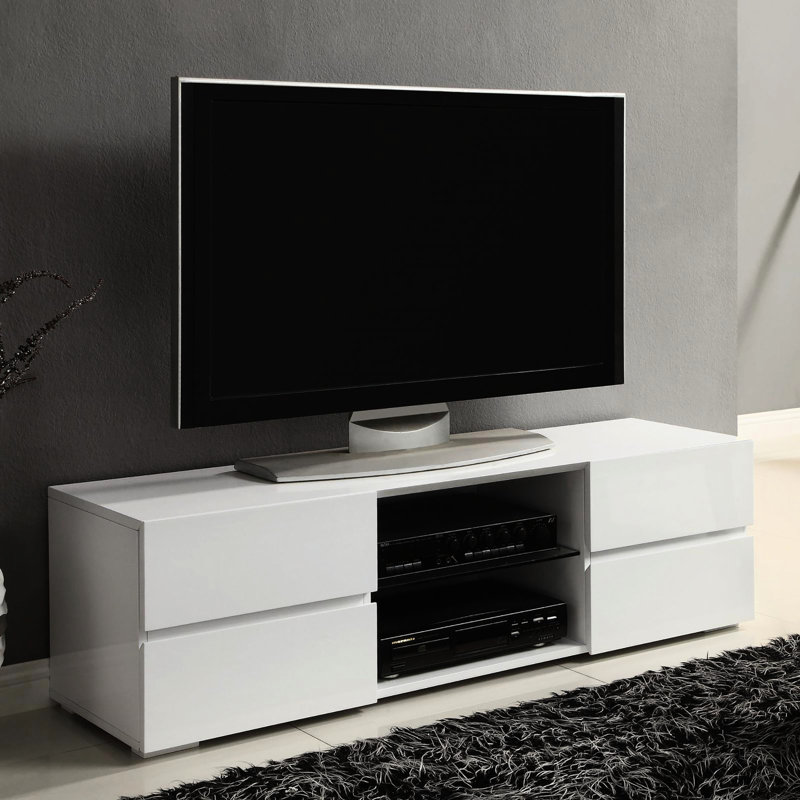Meuble télé moderne blanc brillant avec 4 tiroirs et une console de 60 pouces de style élégant avec 4 tablettes de rangement pour la télévision
