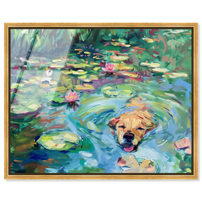 «Lily Pad» encadré de chien en verre acrylique ultrabrillant encadré rustique chic par Art Remedy, cadre doré, 30 x 24, Doré