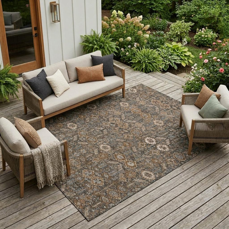 Tapis extérieur lavable antidérapant floral 8 pi x 10 pi chocolat