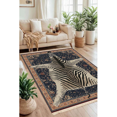 4' x 6' Machine Washable 100% Cotton Safari Fusion Zebra Print Medallion Area Rug