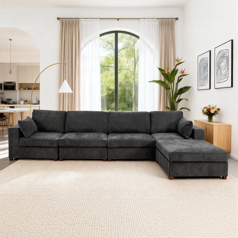 Canapé d'angle rembourré avec 1 repose-pieds, Lin gris, H 26 po x l 151,1 po x P 37,8 po
