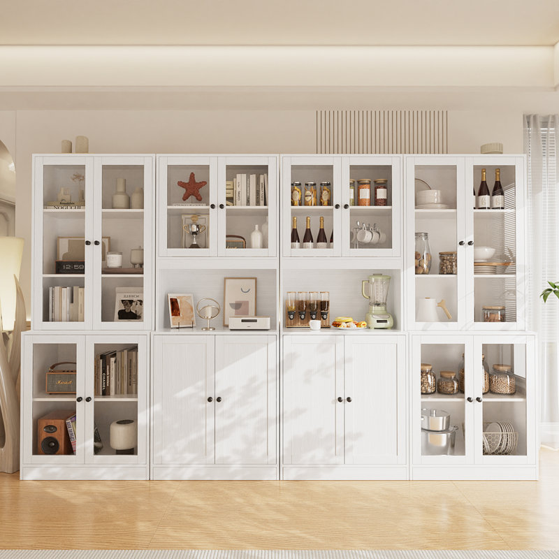 Garde-manger H 71 po x l 94,5 po avec bibliothèques, rehausse de porte en verre avec tiroir et comptoirs spacieux, Blanc