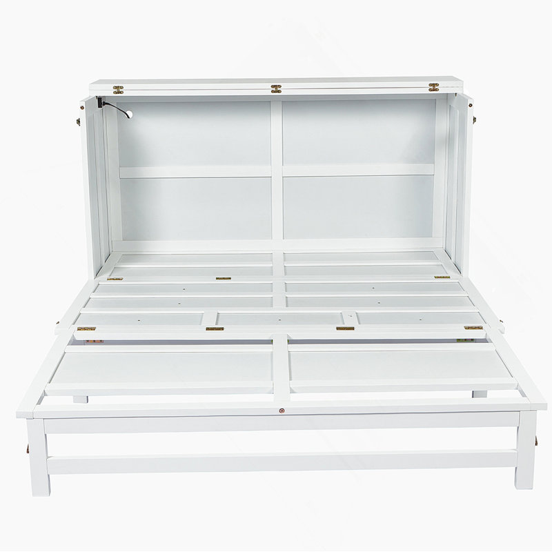 Grand lit escamotable avec tiroir de rangement et station de charge Murphy, port USB, cadre de lit escamotable en pin massif pour bureau à domicile, studio ou chambre d'amis, blanc