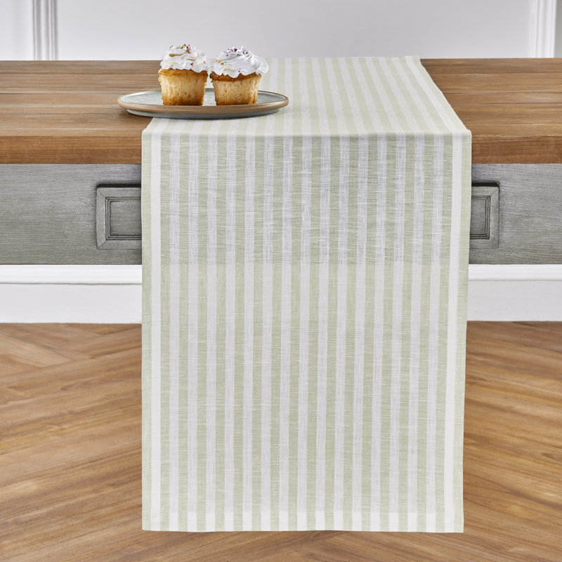 Amalfi Stripe - 100% Pure Linen Table Runner, Sage/White, 90" x 14"