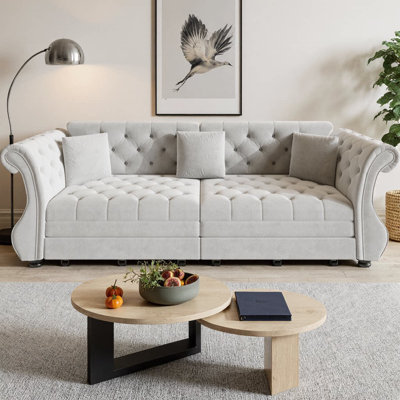 Canapé-lit Chesterfield surdimensionné à 4 places de 97,6 po, canapé en velours avec capitonnage floral et accoudoirs roulés, canapé-lit convertible en mousse sans affaissement, pour le salon, la chambre à coucher, l’appartement