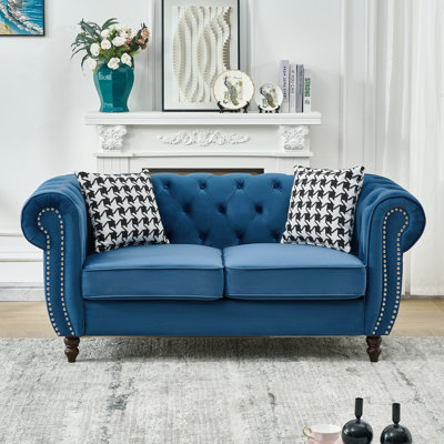 65" 2 Seater With Blue Velvet Upholstery, Rolled Arms, Nailhead, Mid Century Modern Style, Solid Pine Wood, High - Density Foam + Spring Packs, Medium Soft Seat, For Office Roll Armrest, Wood Frame,