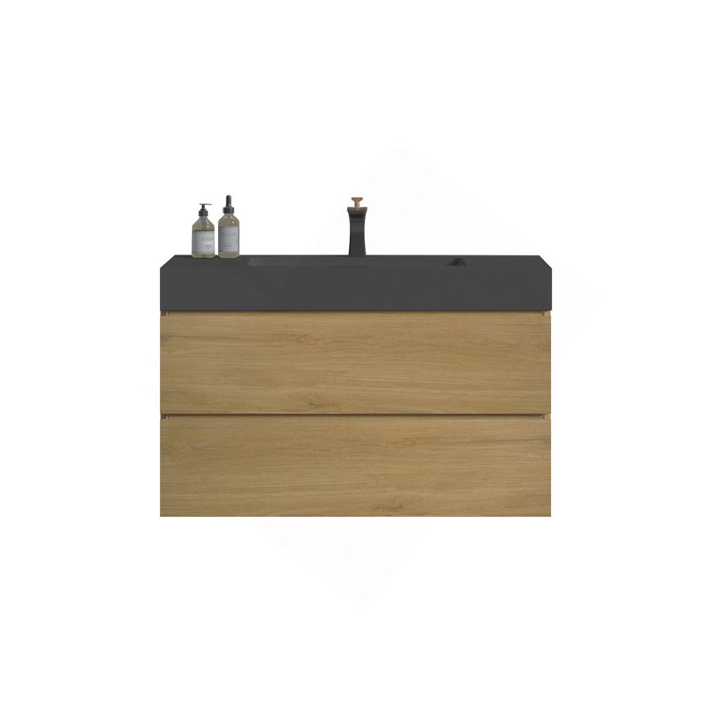 Meuble-lavabo mural en chêne naturel 36 po avec lavabo, grand meuble-lavabo flottant mural pour salle de bain moderne, lavabo une pièce noir sans drain, pré-assemblé