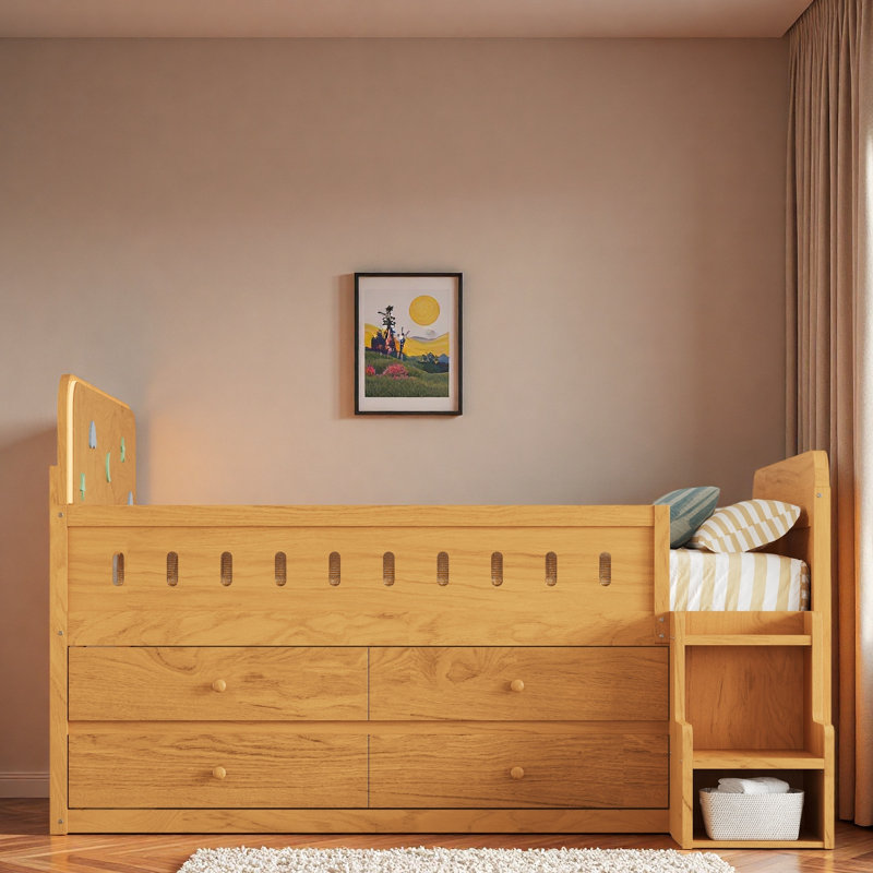 Wooden Bed With Led Light, 4 Drawers And Storage Staircase, Wood