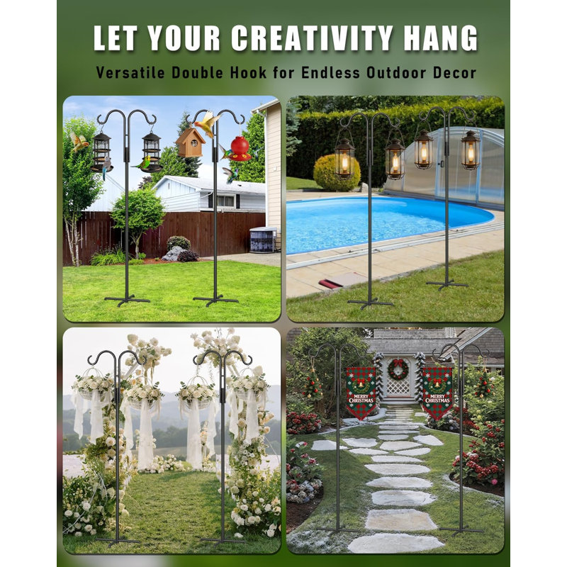 Lot de 2 crochets de berger doubles de 234 cm (92 pouces) pour l'extérieur, robustes, avec une base à 5 branches pour mangeoires à oiseaux, paniers de fleurs, lanternes, nichoirs, décorations de jardin, poteau solide