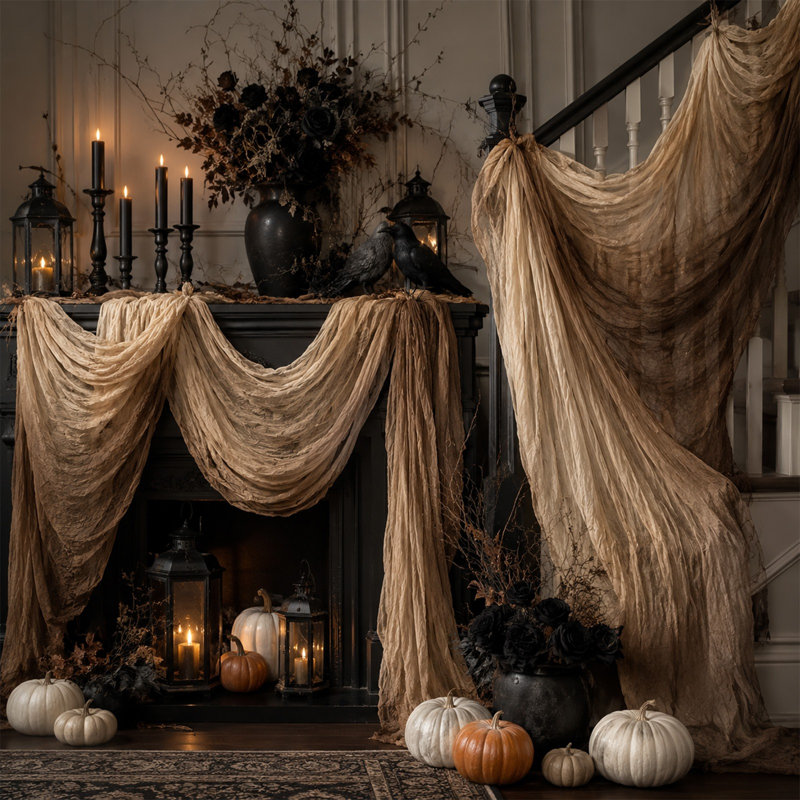 Halloween Decor Halloween  Creepy Gauze Decor Cloth 90x180cm Vintage Gradient Spooky Fabric Halloween Table Runner Porch Door Window Drape For  House