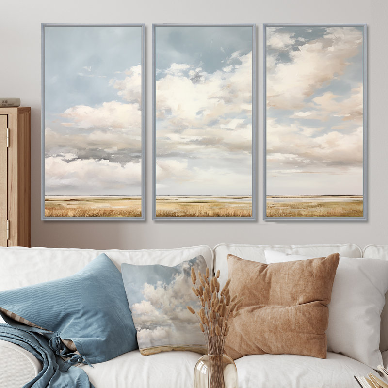 White Clouds Scenery Minimalism - Clouds Canvas Art Set, 28" H x 36" W x 1" D, Silver Floater Framed
