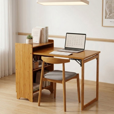 Bamboo Folding Desk with Hidden Storage, Space-Saving Computer Desk for Home Office and Bedroom