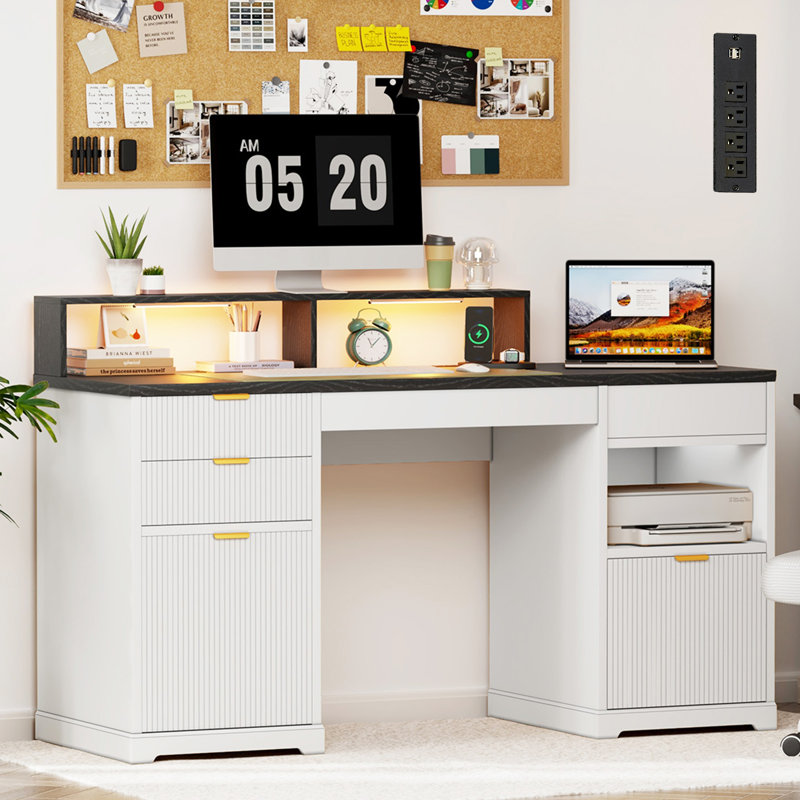63"w Modern Fluted Executive Lift Top Desk, Wood Home Office Desk With Charging Station and File Cabinet, Computer Desk With 3 Drawers, Writing Desk With Open Shelves, Led Gaming Work Desk With Monitor Stand, White, Gift